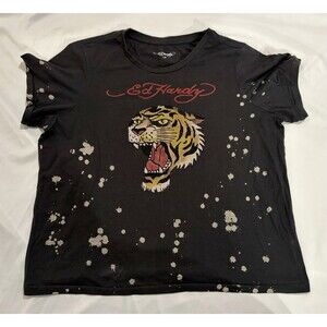 Vintage Ed Hardy Tiger Black Bleach Splash L Short Sleeve